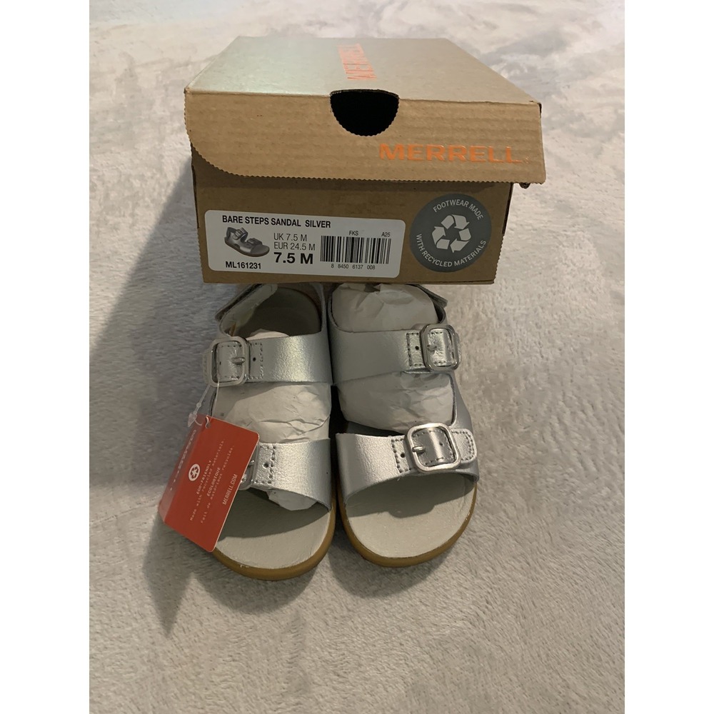 New In Box  Toddler Girls 7.5M Regular Merrell Bare Steps Silver Sandals Shoes